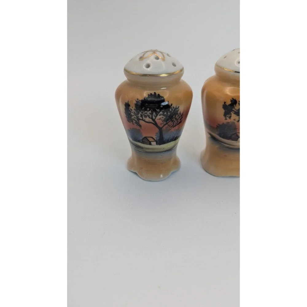 Vintage Japan Porcelain Salt and Pepper Shakers Hand Painted Sunset Landscape 3